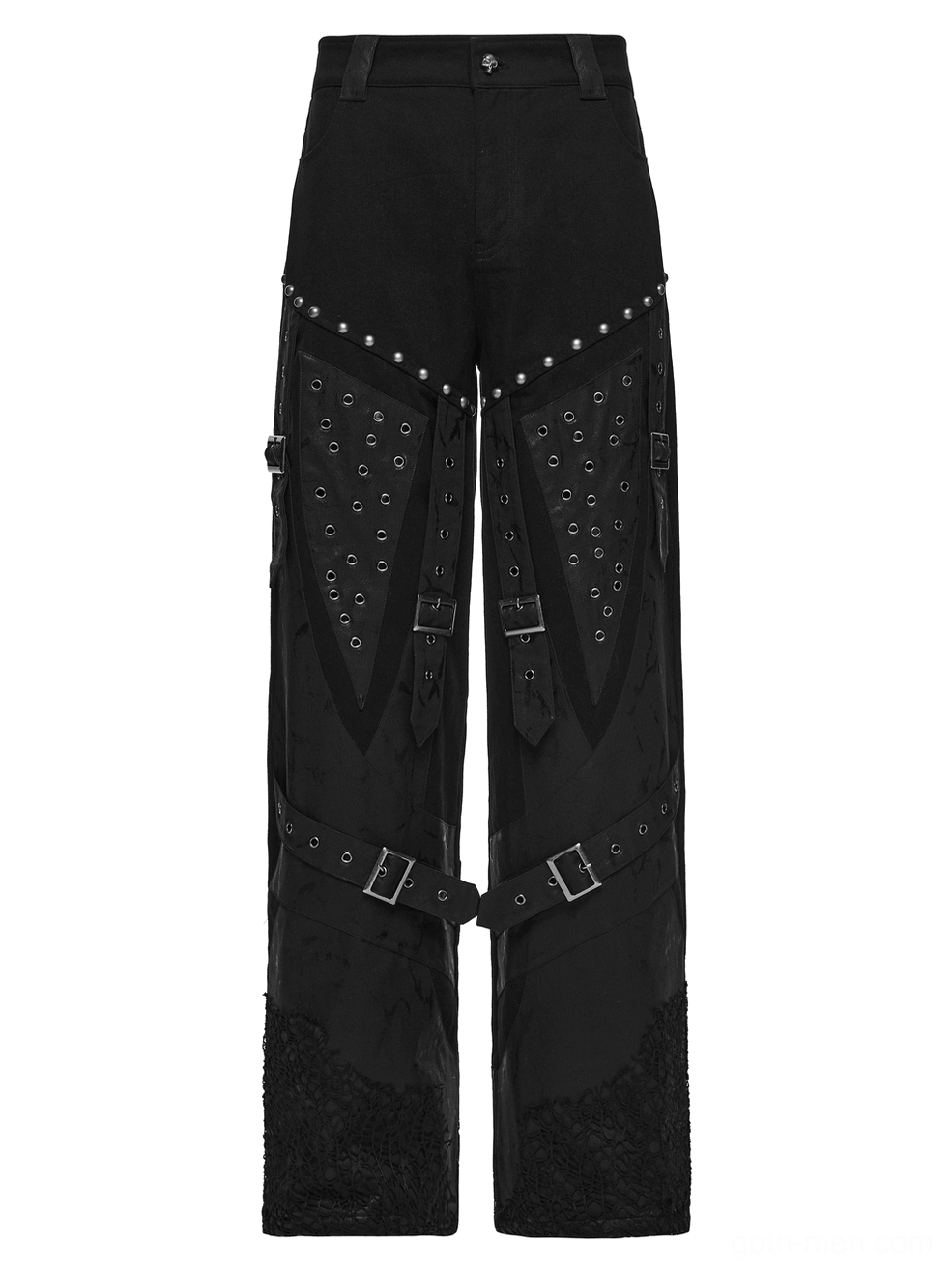 Black gothic pants single front view showing buckle straps and decorative studs on white background