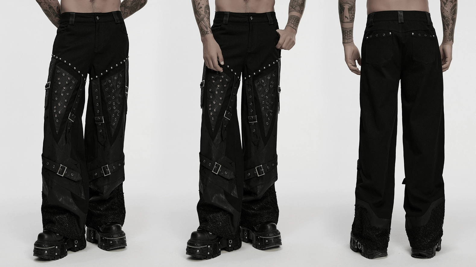 Black gothic tripp pants lay flat showing full silhouette and architectural design elements
