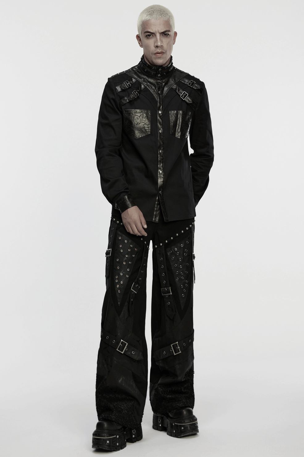Black gothic tripp pants with silver studs and buckle accents gothic aesthetic styling