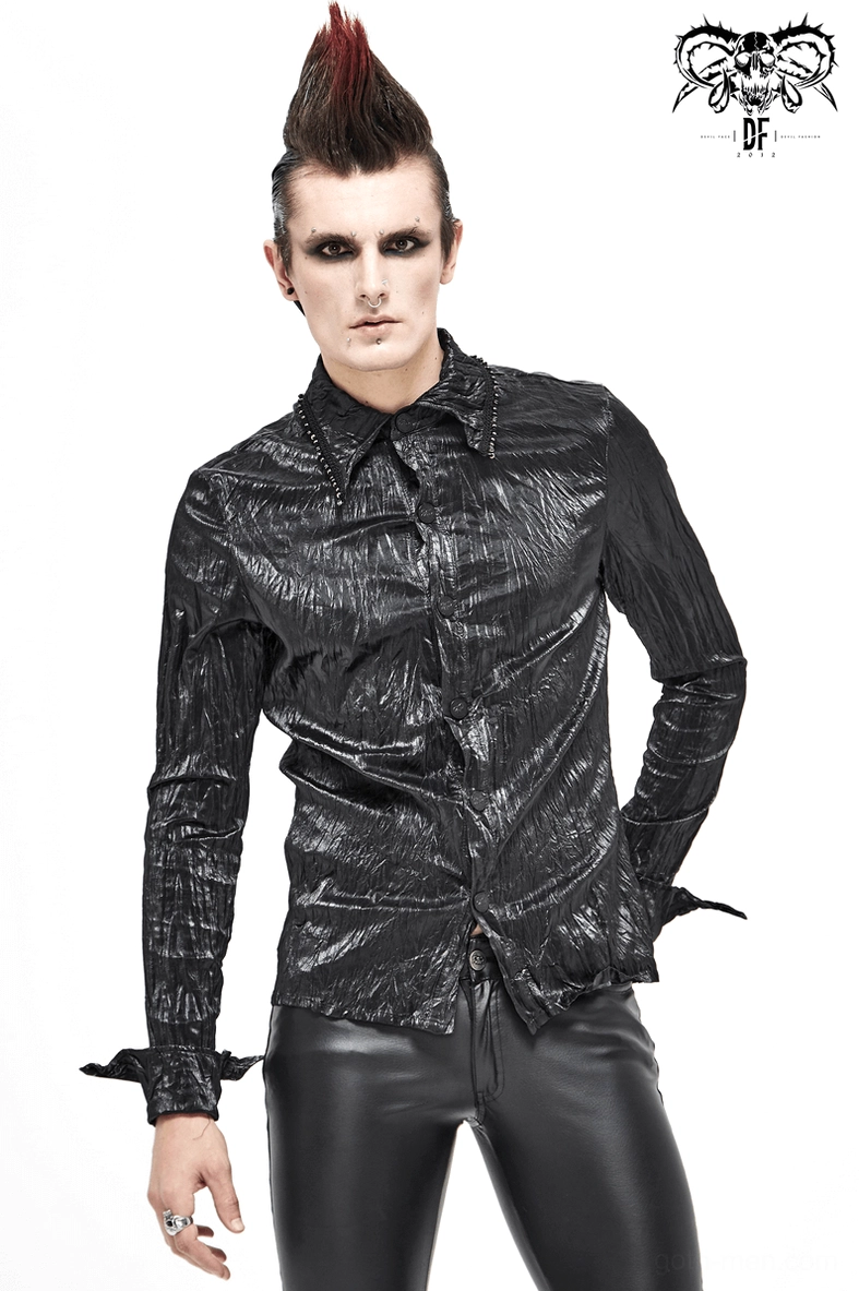 Alternative angle of gothic black punk rock long-sleeve shirt displaying overall silhouette and crinkled texture
