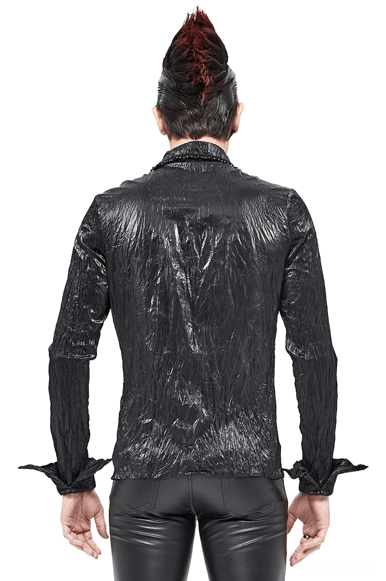 Gothic punk rock black shirt rear view on model showing smooth back panel and studded collar detail