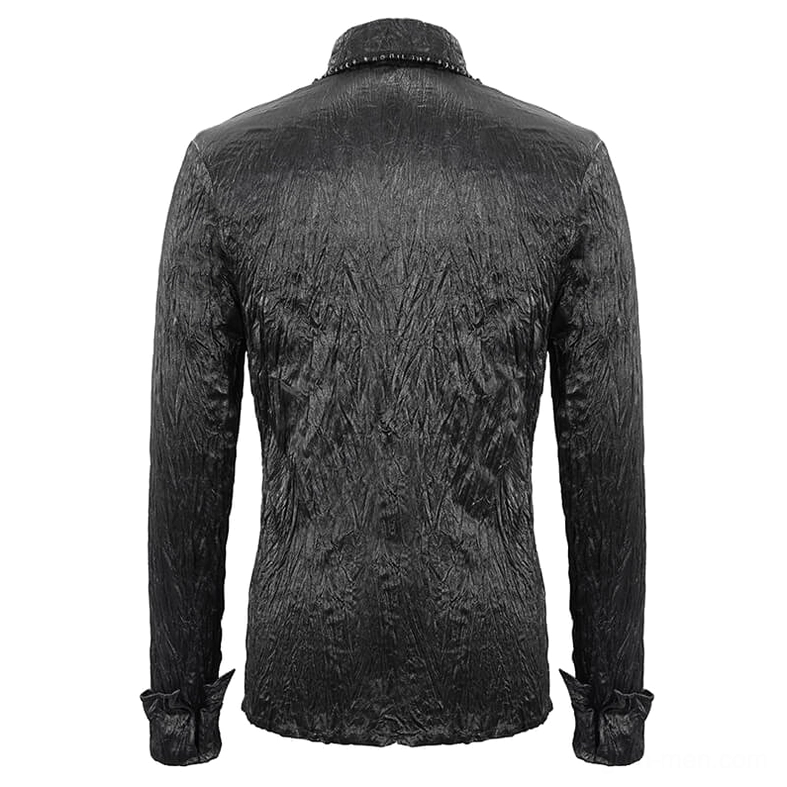Black gothic punk shirt rear flat lay view featuring smooth back panel and tailored cuff design