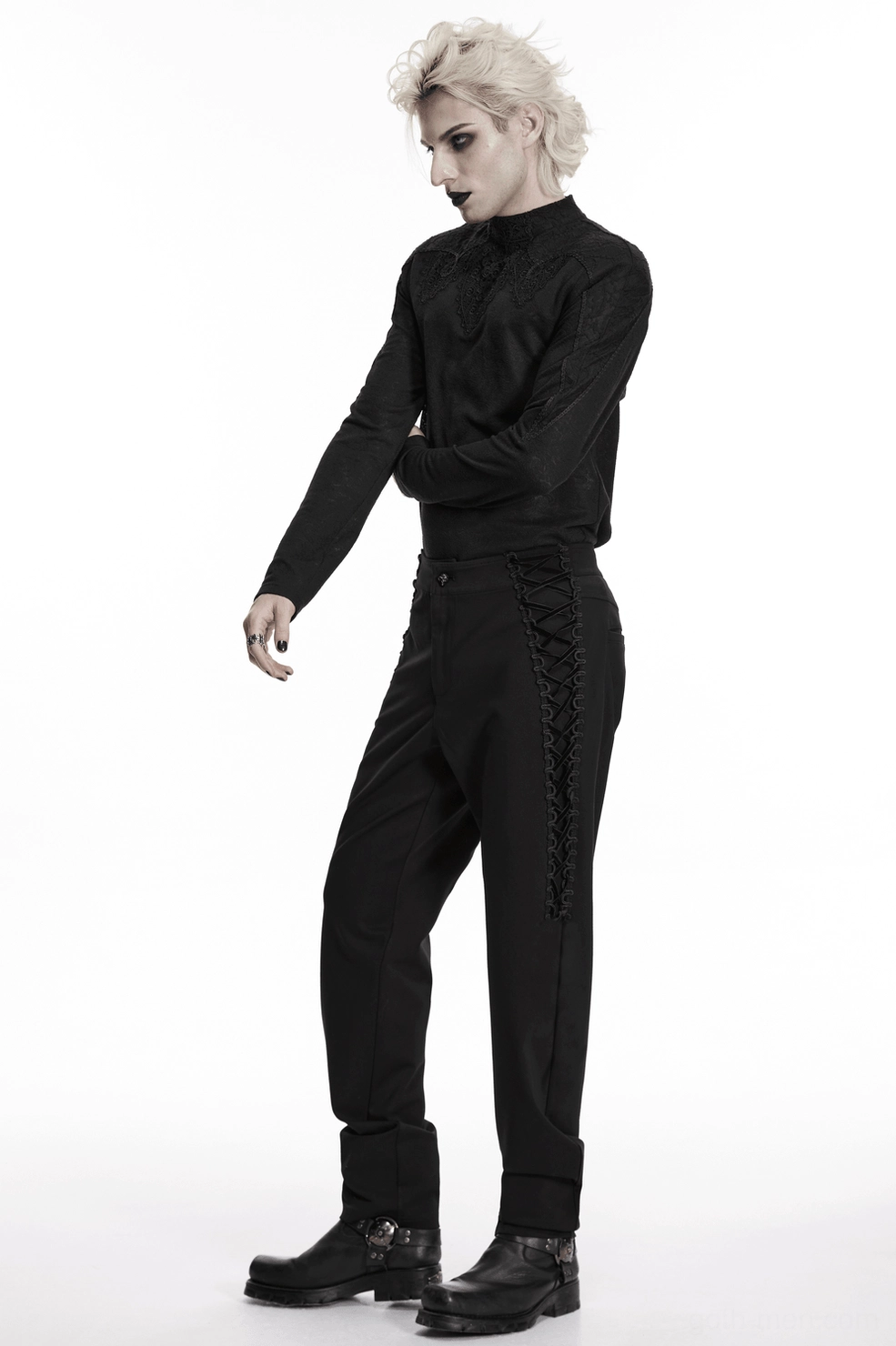 Alternative angle of gothic black slim-fit pants emphasizing the modern alternative fashion aesthetic