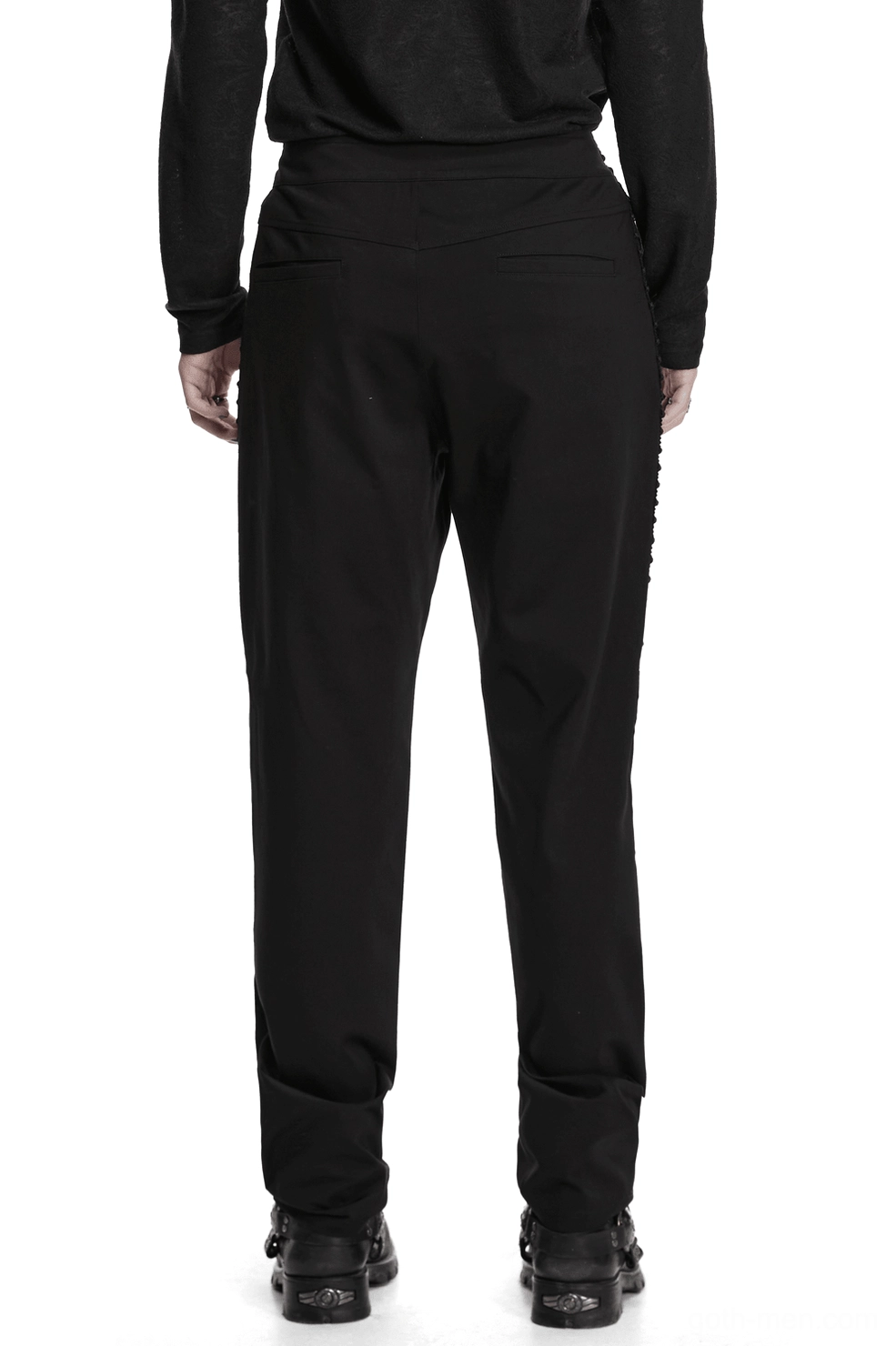 Rear view of gothic black slim pants highlighting high-waist construction and plain back silhouette on male model