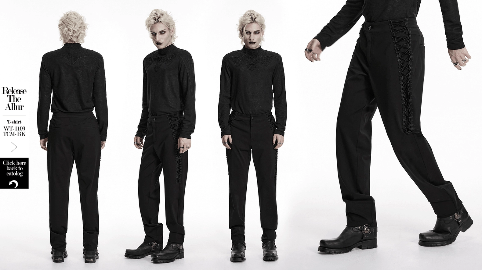 Gothic black slim-fit pants product photograph displaying the complete design with side lace adjustment straps