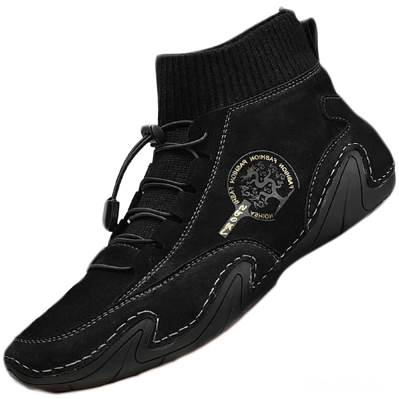 Black suede gothic mid-top sneakers with black knitted collar and toggle lacing - side profile product shot