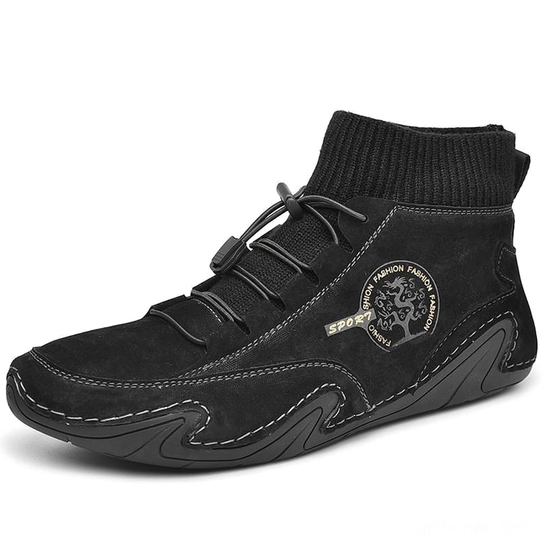 Black suede gothic sneakers for men with black knitted collar and branded embroidery - side profile