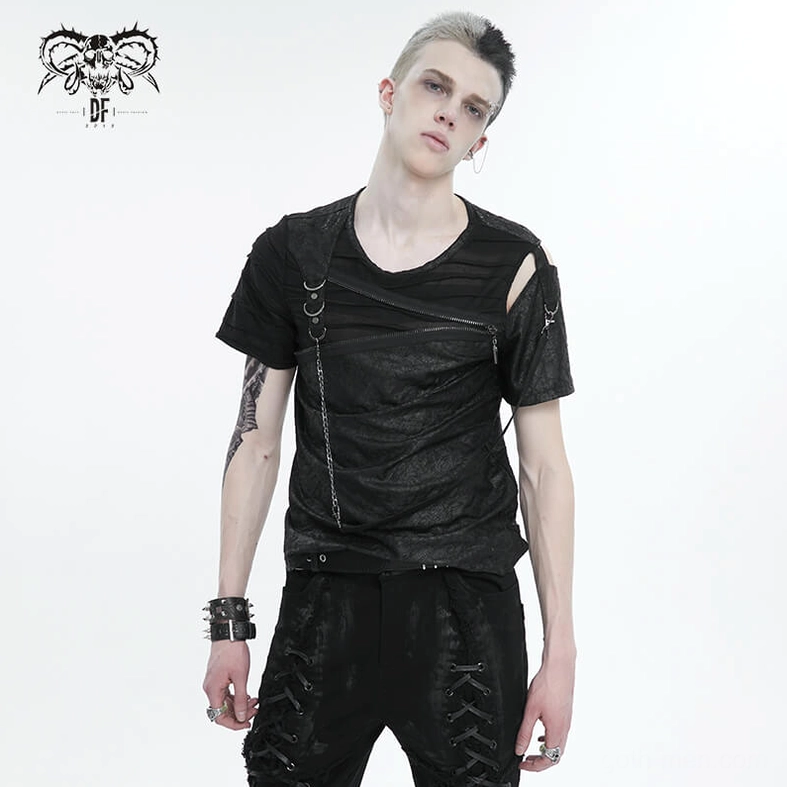 Men's gothic asymmetric black t-shirt with chain harness detail view alternative angle