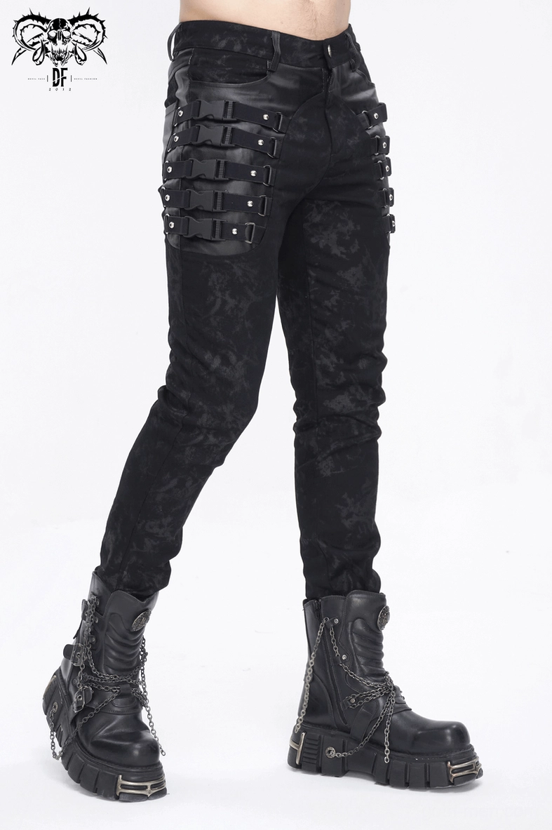 Alternate angle of black gothic slim-fit buckled trousers emphasizing the fitted silhouette and hardware placement