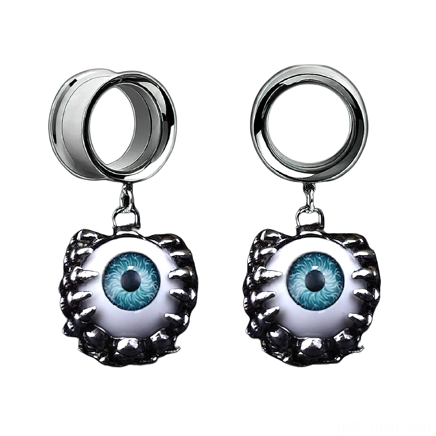 Pair of gothic blue eye ear tunnels with spiky silver frames and adjustable design, frontal view on white background