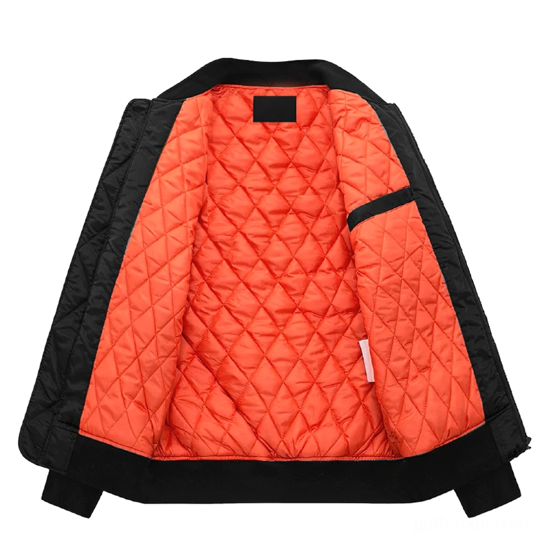 Gothic bomber jacket interior detail showing orange quilted lining and internal slip pocket construction