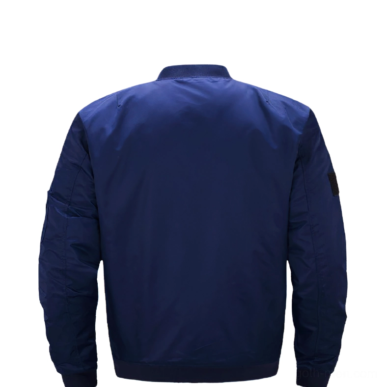 Navy blue gothic padded bomber jacket back view displaying ribbed collar and cuff details