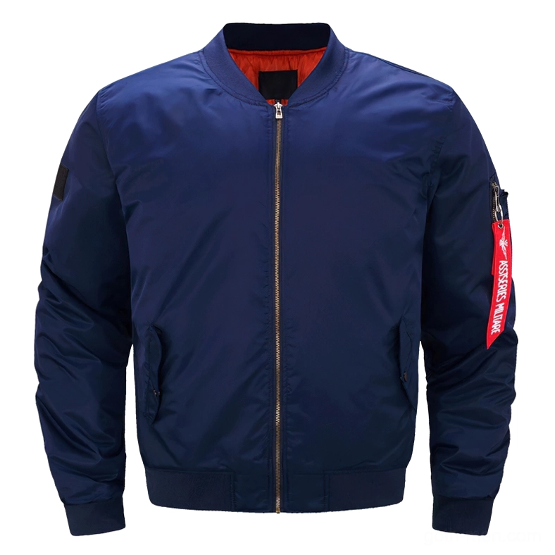 Navy blue gothic oversized padded bomber jacket with metallic zipper and red arm tag - front flat lay