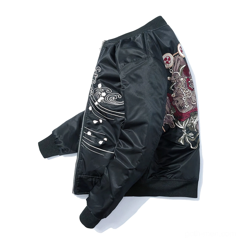 Side rear angle of black embroidered jacket - wave embroidery pattern with demon motif and ribbed cuffs