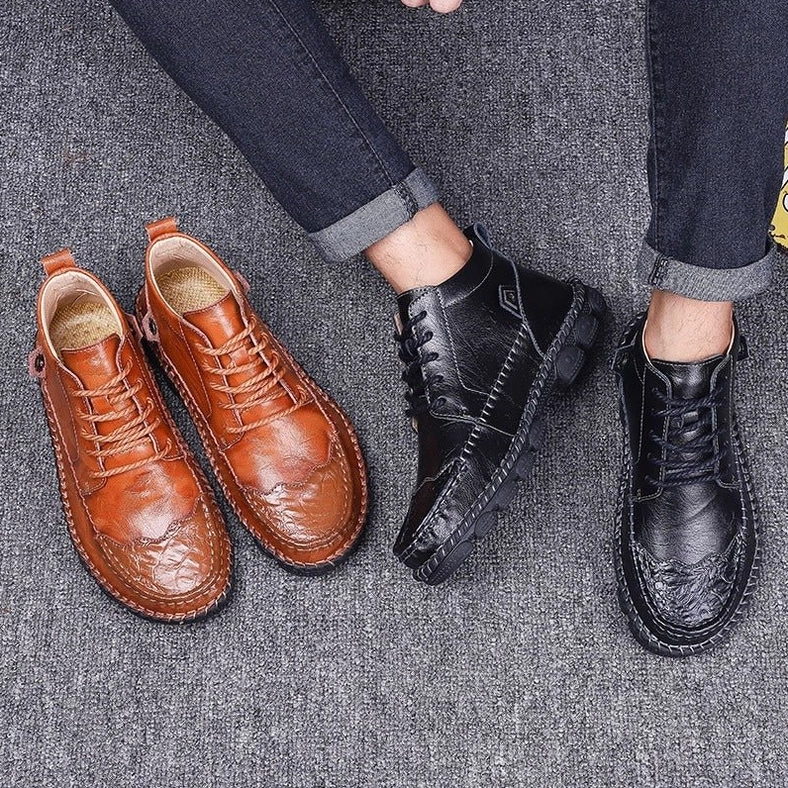 Two pairs gothic boots tan and black - overhead angled flat lay showing both color options available