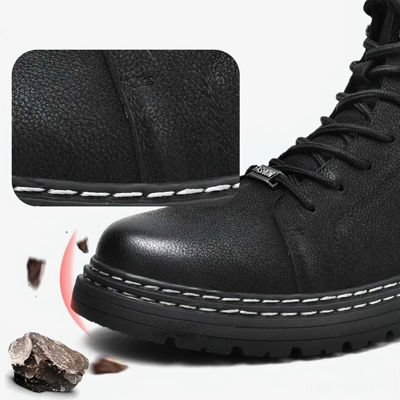 Black leather gothic combat boots rear view showing heel construction and pull tab detail