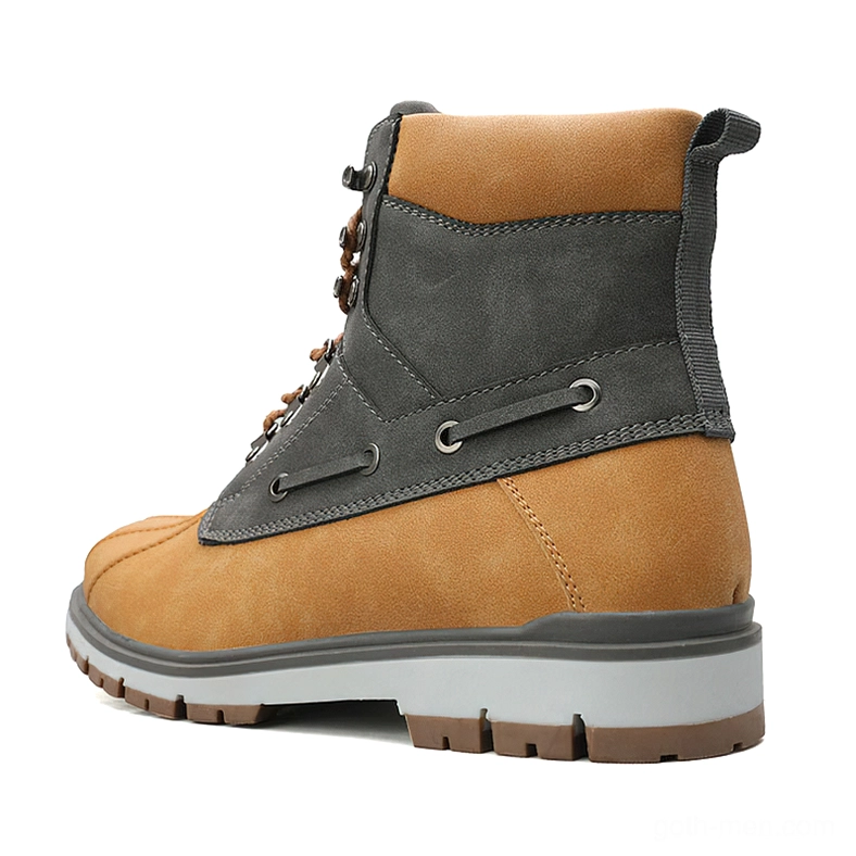 Tan and gray gothic outdoor boots rear three-quarter view heel pull tab design