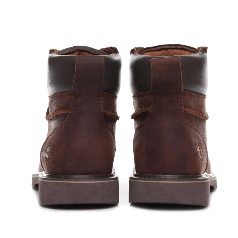 Gothic combat boots rear view displaying dark brown leather construction, block heel with pull tab, and structural reinforcement details