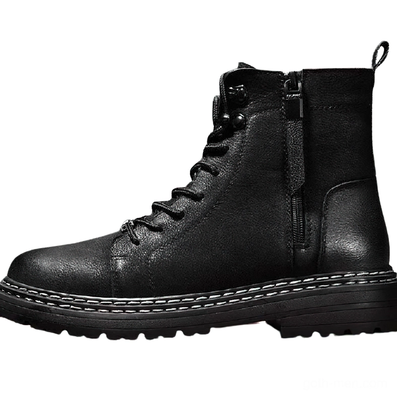 Right front three-quarter view of gothic combat boots with metal lace hooks and structured design