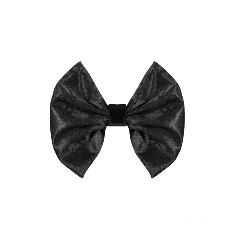 Black jacquard gothic bow tie flat lay front view showing large bow with velvet knot center detail