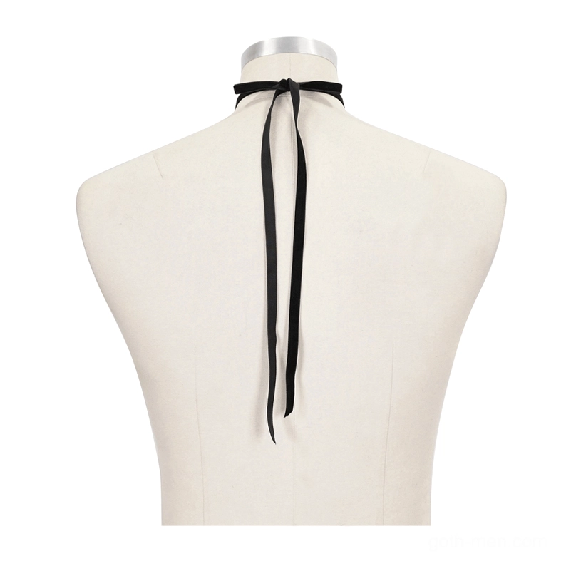 Lace-up bow tie on dress form mannequin back view showing long black tie straps and construction