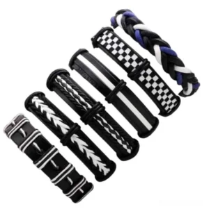 Alternative rock style braided rope and checkered leather bracelets collection mirrored view