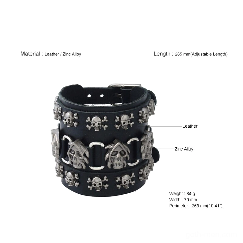 Gothic skull leather cuff bracelet front view with zinc alloy skull charms and genuine leather material specification