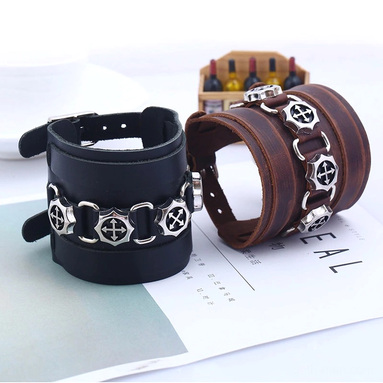 Black and brown leather gothic bracelets comparison, punk rock cuff jewelry styles together