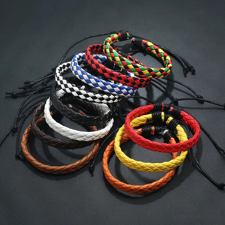 Gothic braided leather bracelet detail shot showing handwoven craftsmanship and texture
