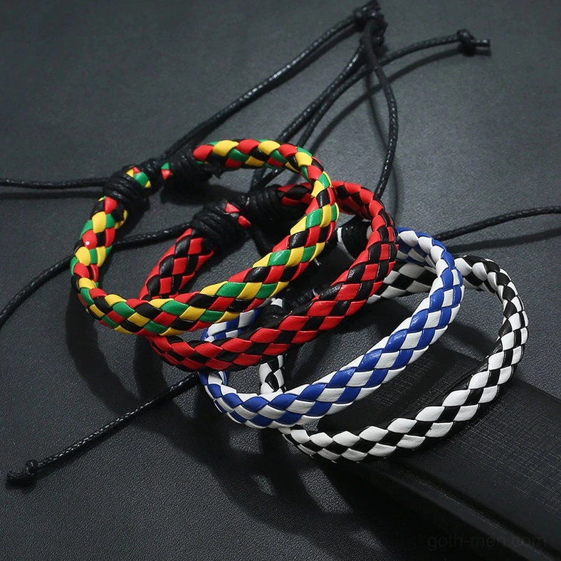 Gothic braided leather bracelet adjustable drawstring clasp mechanism close-up view