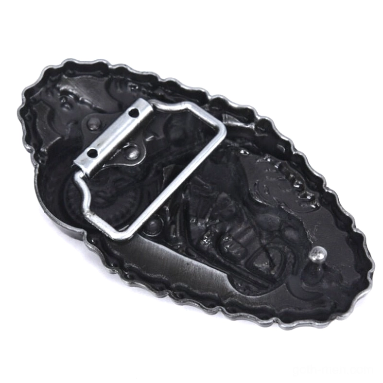 Side oblique view of buckle back, displaying the belt attachment loop and mounting pins with clear hardware detail