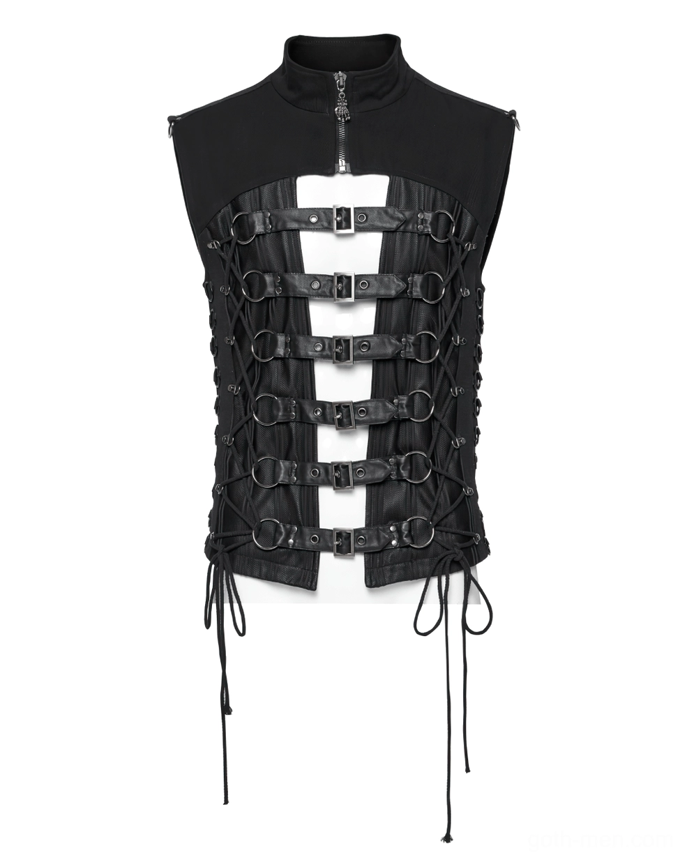 Black gothic vest front flat lay view showcasing buckle strap cutout and stand collar design
