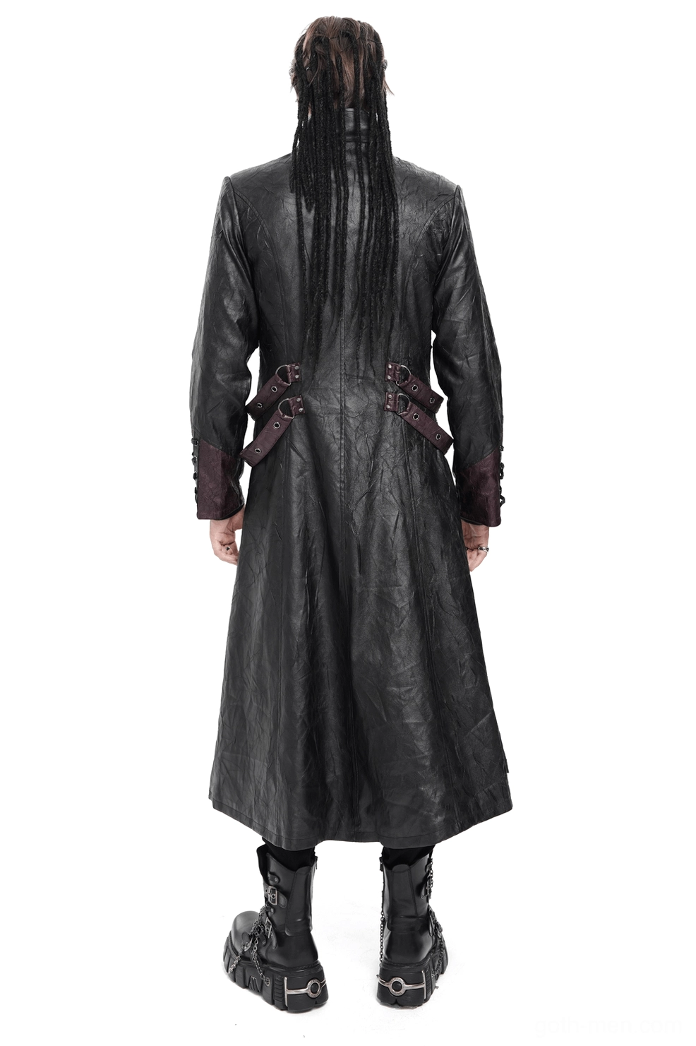 Back view of gothic buckled coat floor-length hem with rear waist buckle straps on male model