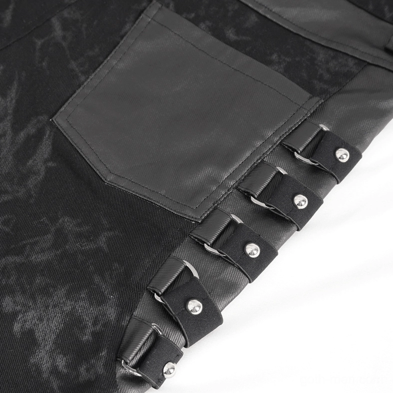 Hip pocket and leather strap detail showing metal buckle fasteners on black gothic slim-fit pants
