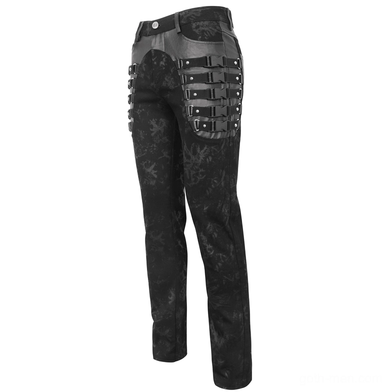 Left side full view of black gothic slim-fit buckled strap trousers with multiple hip straps and leather panels