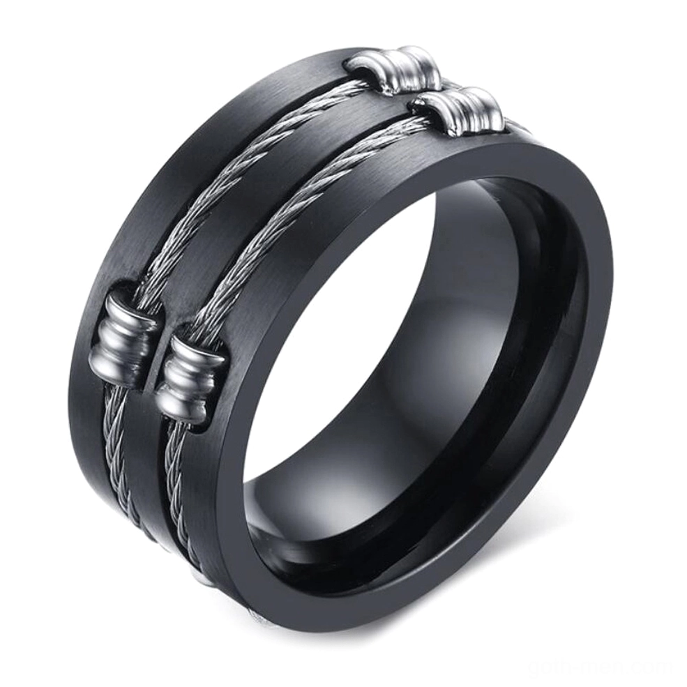 Black stainless steel cable wire gothic ring 45-degree side view showing embedded silver twisted cable pattern