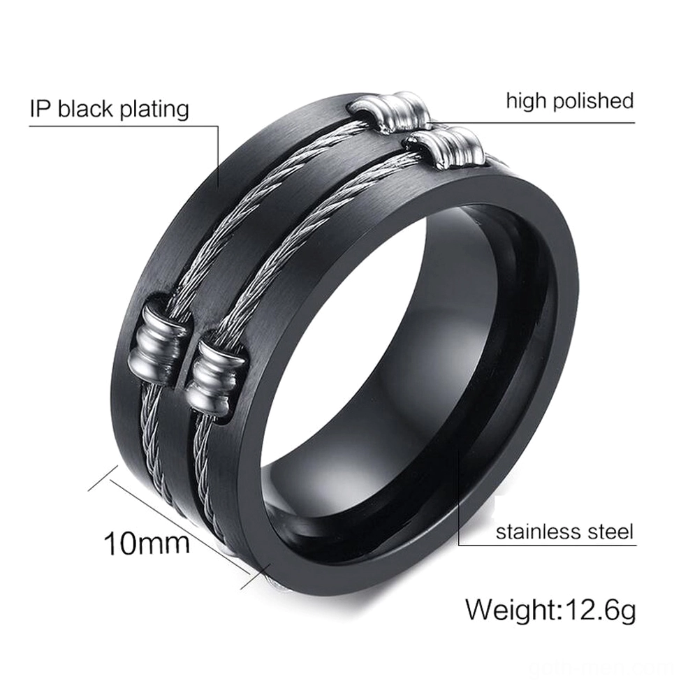 Black brushed stainless steel gothic ring 10mm width top view showing high polished finish