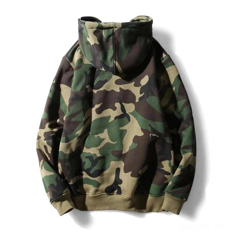 Back view of gothic camouflage hoodie showing ribbed hem and full-length sleeves with woodland camo pattern
