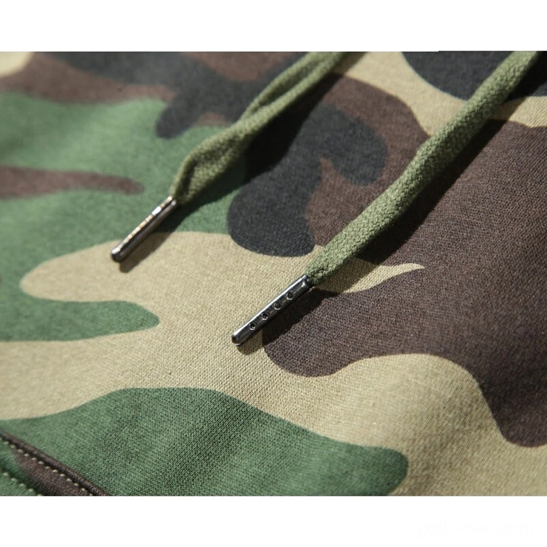 Metal aglet tips on drawstrings of gothic camouflage hoodie with woodland camo fleece fabric