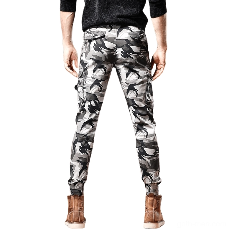 Gray camouflage cargo pants rear view showing back pockets and elastic ankle cuffs on male model