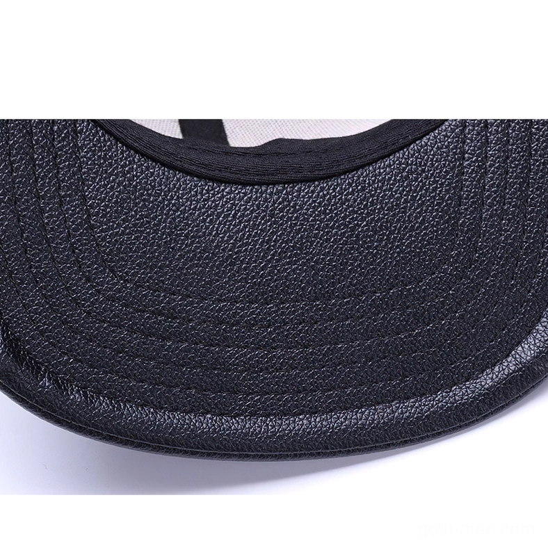 Detailed side view of gothic snapback brim showing matte black faux leather with reinforced stitching ridges
