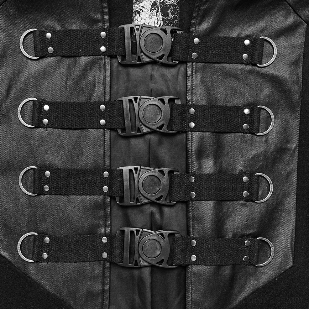 Close-up detail of metal D-ring buckles, webbing straps, and rivets on gothic cape