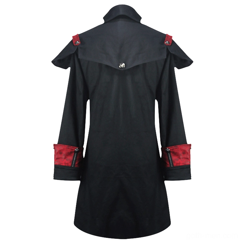 Rear view of black gothic cape coat on mannequin showing stand collar, red fasteners on shoulder pads, and contrast cuff details