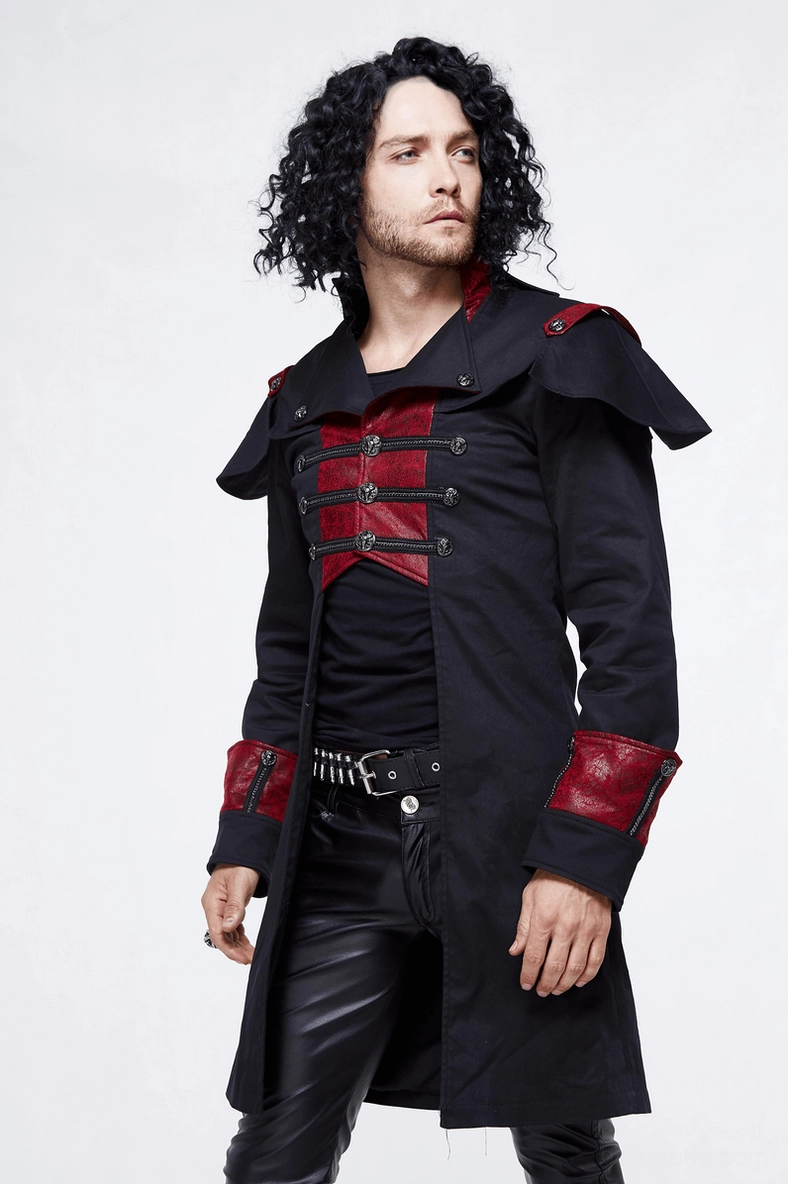 Side full view of black and red gothic slim fit cape coat on male model with waist belt and metal buckle detail