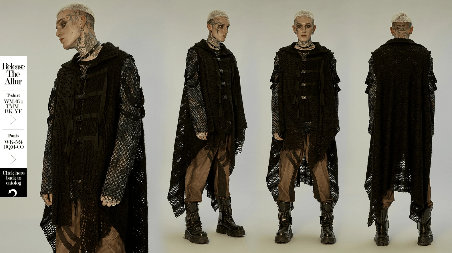 Detailed side view of dystopian gothic cape construction showing mesh underlayer and structural integrity