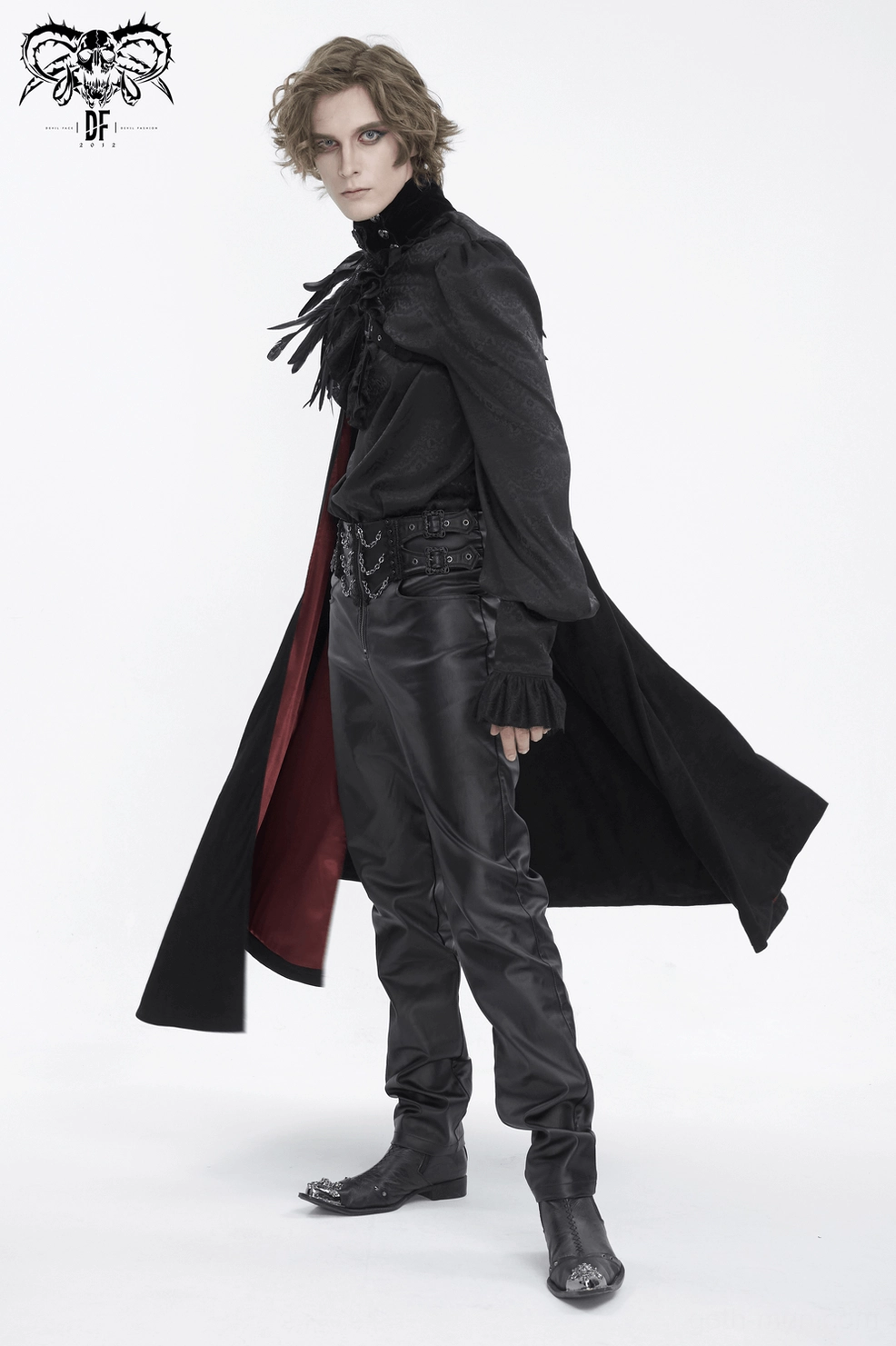 Flat lay of black feathered asymmetric gothic cape showing full garment construction and leather strap positioning