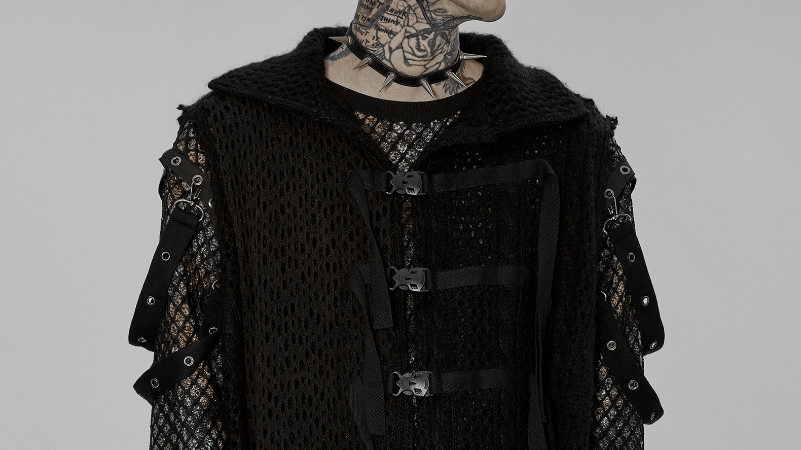 Full silhouette of dystopian gothic cape demonstrating proportions and hanging drape on male figure