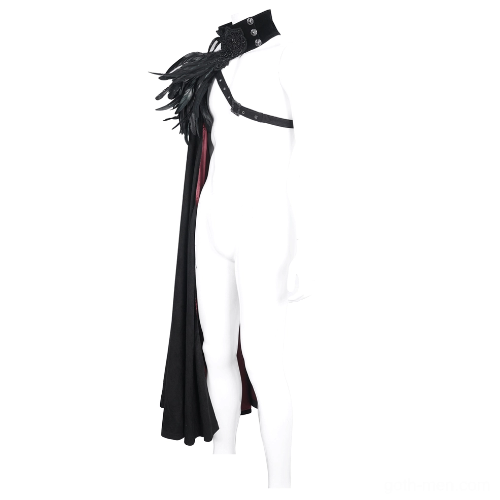 Mannequin display of black feathered gothic cape, left front side view highlighting crossbody leather strap and flowing fabric