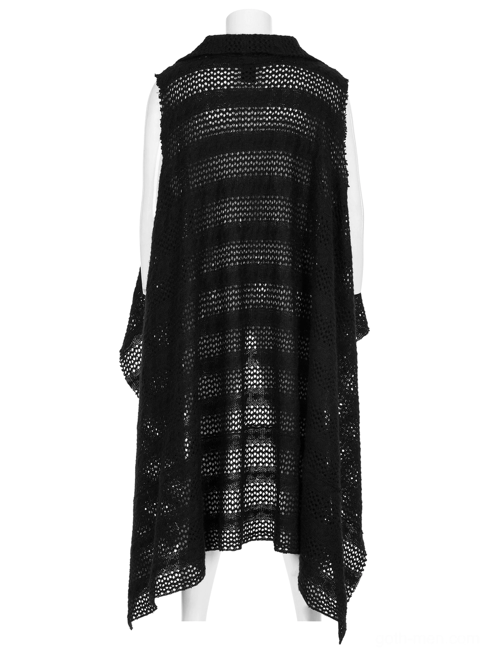 Rear side profile of black gothic cape showing striped mesh texture and flowing long hemline