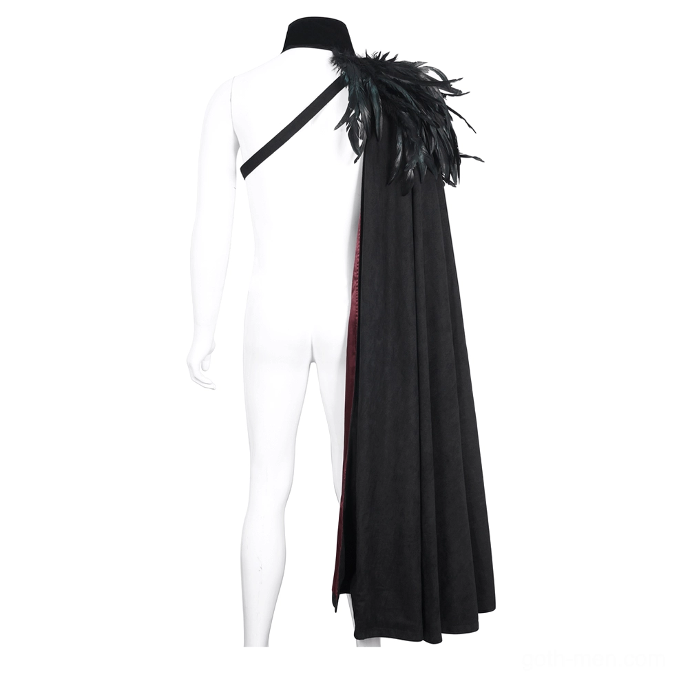 Right rear angle of asymmetric gothic feathered cape on mannequin, displaying wine-red inner lining and feathered shoulder decoration